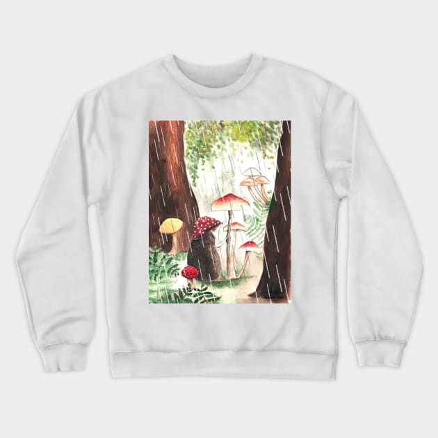Hedgehog With Toadstool Hat On A Rainy Day Crewneck Sweatshirt by LittleForest